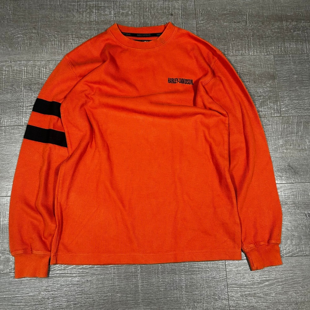 Harley-Davidson Mens Orange Waffle Knit Thermal Long Sleeve Shirt Small 0439‎